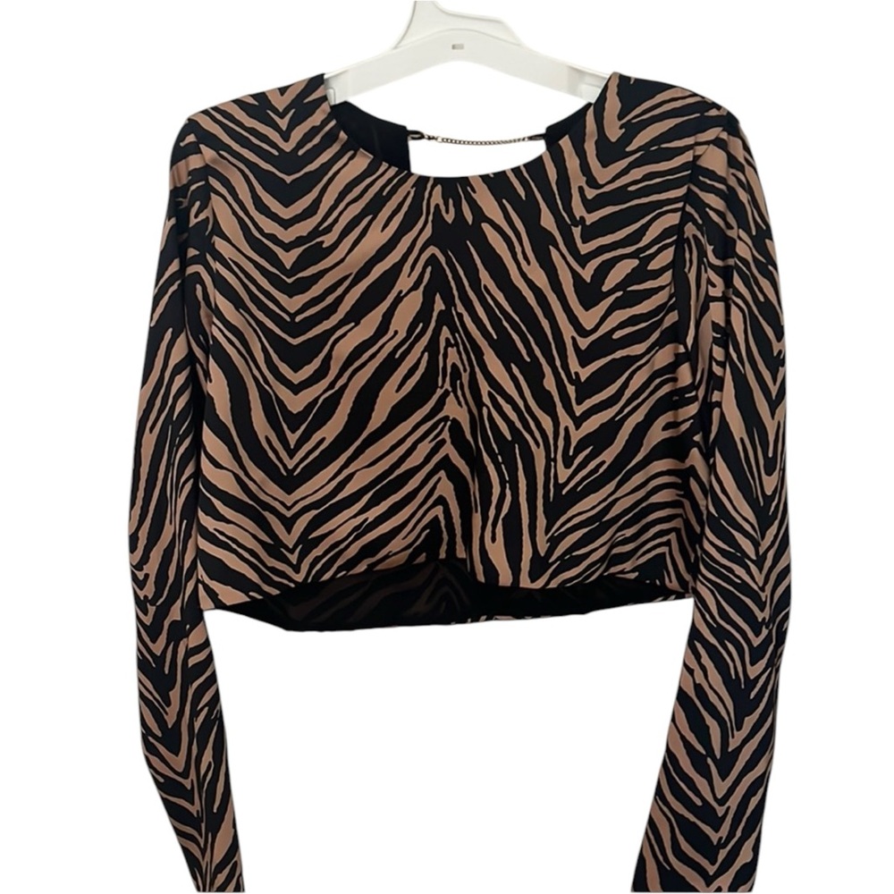 Zara animal print crop shirt long sleeve blouse gold black chain back medium